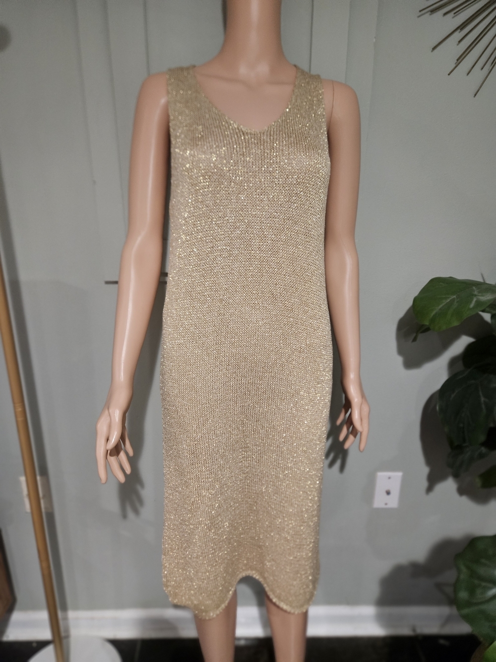 YUNIKA Made in Italy Gold Metallic Knit Midi Dress Sparkle Sleeveless. S/M - Picture 14 of 16